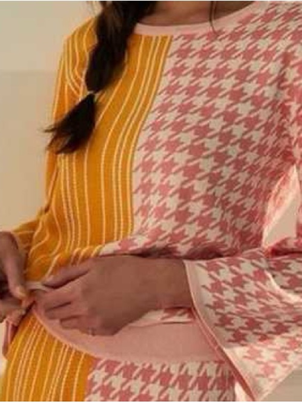 dolan Pink & Mustard Patterned Knit Top houndstooth stripe sweater bell sleeve